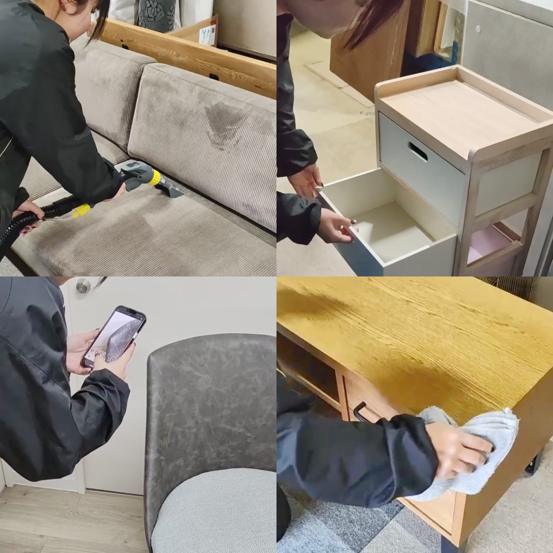 家具を丁寧にクリーニングするスタッフ