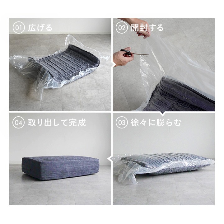 圧縮ソファを開けてから元の形に戻るまでの流れ